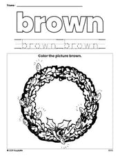 Free Christmas wreath color brown coloring page and color worksheet, brown worksheet for preschoolers to learn colors, printable PDF