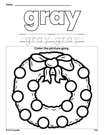 Free Christmas wreath color gray coloring page and color worksheet, gray worksheet for preschoolers to learn colors, printable PDF