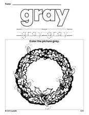 Free Christmas wreath color gray coloring page and color worksheet, gray worksheet for preschoolers to learn colors, printable PDF