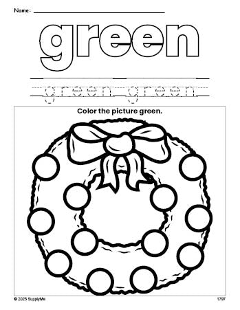 Free Christmas wreath color green coloring page and color worksheet, green worksheet for preschoolers to learn colors, printable PDF