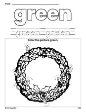 Free Christmas wreath color green coloring page and color worksheet, green worksheet for preschoolers to learn colors, printable PDF