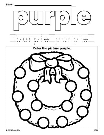 Free Christmas wreath color purple coloring page and color worksheet, purple worksheet for preschoolers to learn colors, printable PDF