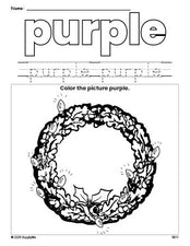 Free Christmas wreath color purple coloring page and color worksheet, purple worksheet for preschoolers to learn colors, printable PDF