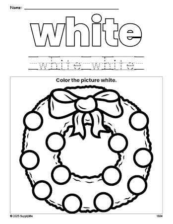 Free Christmas wreath color white coloring page and color worksheet, white worksheet for preschoolers to learn colors, printable PDF