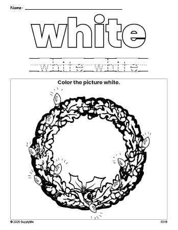 Free Christmas wreath color white coloring page and color worksheet, white worksheet for preschoolers to learn colors, printable PDF