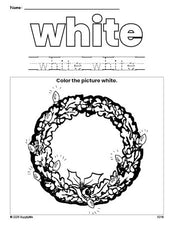 Free Christmas wreath color white coloring page and color worksheet, white worksheet for preschoolers to learn colors, printable PDF