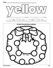 Free Christmas wreath color yellow coloring page and color worksheet, yellow worksheet for preschoolers to learn colors, printable PDF