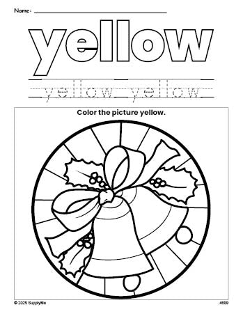 Free Christmas wreath color yellow coloring page and color worksheet, yellow worksheet for preschoolers to learn colors, printable PDF