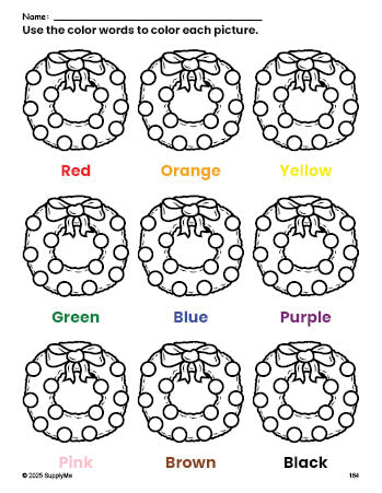 Free Christmas wreath coloring page and color worksheet for preschoolers to learn colors, printable PDF