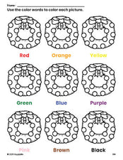 Free Christmas wreath coloring page and color worksheet for preschoolers to learn colors, printable PDF