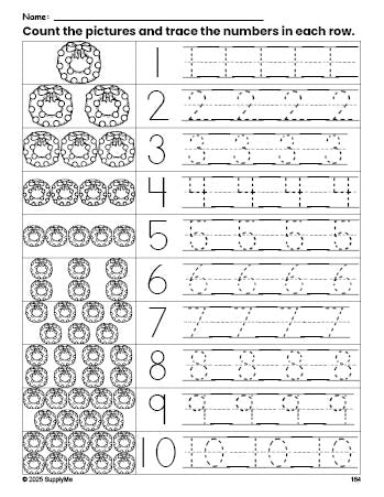 Free printable Christmas wreath counting worksheet for preschool and pre-k with number tracing practice 1-10, PDF