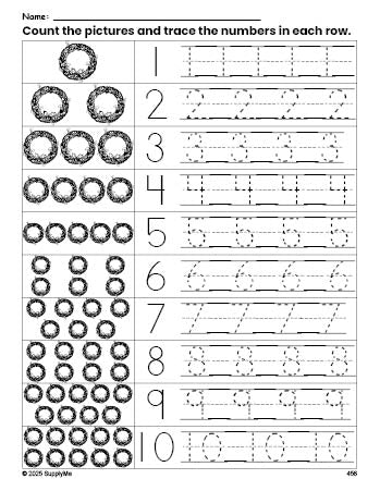 Free printable Christmas wreath counting worksheet for preschool and pre-k with number tracing practice 1-10, PDF