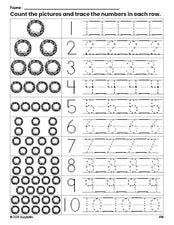 Free printable Christmas wreath counting worksheet for preschool and pre-k with number tracing practice 1-10, PDF