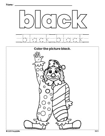 Free clown color black coloring page and color worksheet, black worksheet for preschoolers to learn colors, printable PDF