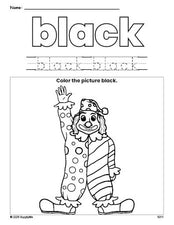 Free clown color black coloring page and color worksheet, black worksheet for preschoolers to learn colors, printable PDF