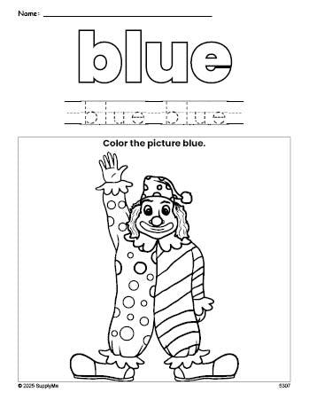 Free clown color blue coloring page and color worksheet, blue worksheet for preschoolers to learn colors, printable PDF