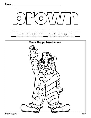 Free clown color brown coloring page and color worksheet, brown worksheet for preschoolers to learn colors, printable PDF