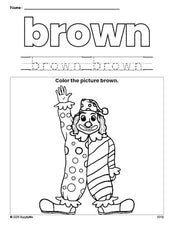 Free clown color brown coloring page and color worksheet, brown worksheet for preschoolers to learn colors, printable PDF