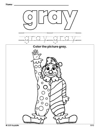 Free clown color gray coloring page and color worksheet, gray worksheet for preschoolers to learn colors, printable PDF