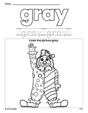 Free clown color gray coloring page and color worksheet, gray worksheet for preschoolers to learn colors, printable PDF