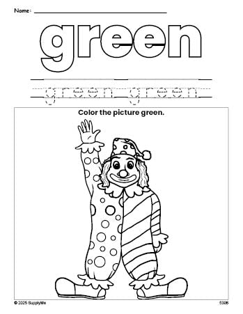 Free clown color green coloring page and color worksheet, green worksheet for preschoolers to learn colors, printable PDF