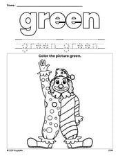 Free clown color green coloring page and color worksheet, green worksheet for preschoolers to learn colors, printable PDF