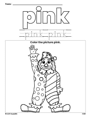 Free clown color pink coloring page and color worksheet, pink worksheet for preschoolers to learn colors, printable PDF