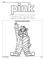 Free clown color pink coloring page and color worksheet, pink worksheet for preschoolers to learn colors, printable PDF