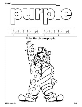 Free clown color purple coloring page and color worksheet, purple worksheet for preschoolers to learn colors, printable PDF