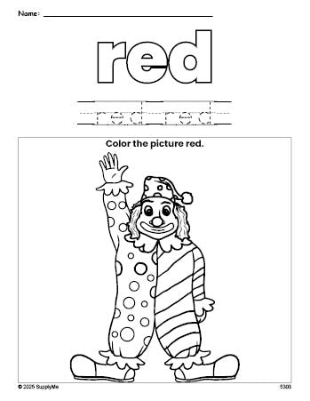 Free clown color red coloring page and color worksheet, red worksheet for preschoolers to learn colors, printable PDF