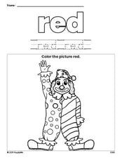 Free clown color red coloring page and color worksheet, red worksheet for preschoolers to learn colors, printable PDF