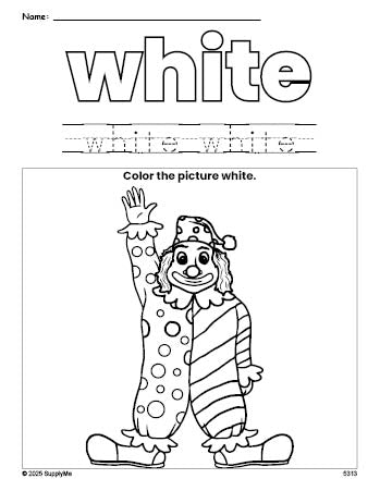 Free clown color white coloring page and color worksheet, white worksheet for preschoolers to learn colors, printable PDF