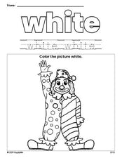 Free clown color white coloring page and color worksheet, white worksheet for preschoolers to learn colors, printable PDF