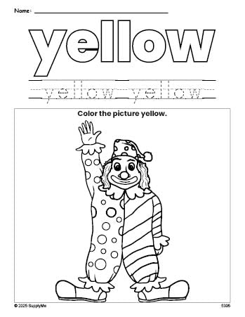 Free clown color yellow coloring page and color worksheet, yellow worksheet for preschoolers to learn colors, printable PDF