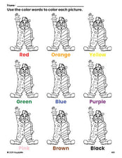 Free clown coloring page and color worksheet for preschoolers to learn colors, printable PDF