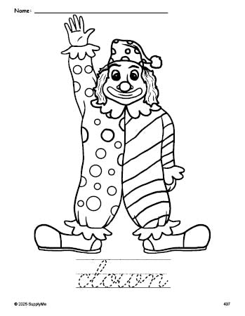 Free printable clown coloring page and cursive word tracing worksheet, perfect for preschool, pre-k, and kindergarten, PDF