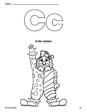 Free printable clown coloring page, letter c coloring page for preschool, pre-k, and kindergarten, PDF