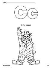 Free printable clown coloring page, letter c coloring page for preschool, pre-k, and kindergarten, PDF