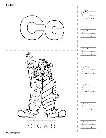 Free printable clown coloring page and letter tracing worksheet, letter c worksheet for preschool, pre-k, and kindergarten, PDF