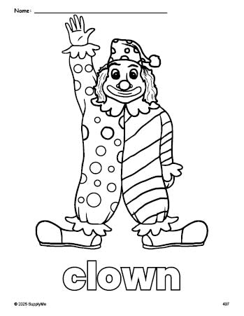 Free printable clown coloring page for preschool, pre-k, and kindergarten, PDF