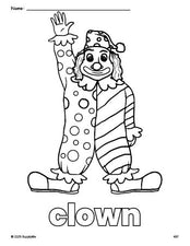 Free printable clown coloring page for preschool, pre-k, and kindergarten, PDF