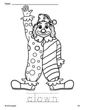 Free printable clown coloring page and word tracing worksheet, perfect for preschool, pre-k, and kindergarten, PDF