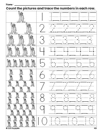 Free printable clown counting worksheet for preschool and pre-k with number tracing practice 1-10, PDF