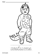 Free printable costume Halloween coloring page and cursive word tracing worksheet, perfect for preschool, pre-k, and kindergarten, PDF