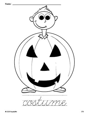 Free printable costume Halloween coloring page and cursive word tracing worksheet, perfect for preschool, pre-k, and kindergarten, PDF