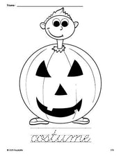 Free printable costume Halloween coloring page and cursive word tracing worksheet, perfect for preschool, pre-k, and kindergarten, PDF