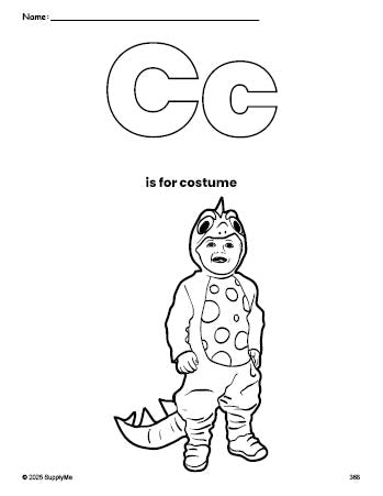 Free printable costume Halloween coloring page, letter c coloring page for preschool, pre-k, and kindergarten, PDF