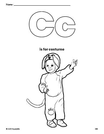 Free printable costume Halloween coloring page, letter c coloring page for preschool, pre-k, and kindergarten, PDF