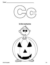 Free printable costume Halloween coloring page, letter c coloring page for preschool, pre-k, and kindergarten, PDF