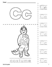 Free printable costume Halloween coloring page and letter tracing worksheet, letter c worksheet for preschool, pre-k, and kindergarten, PDF